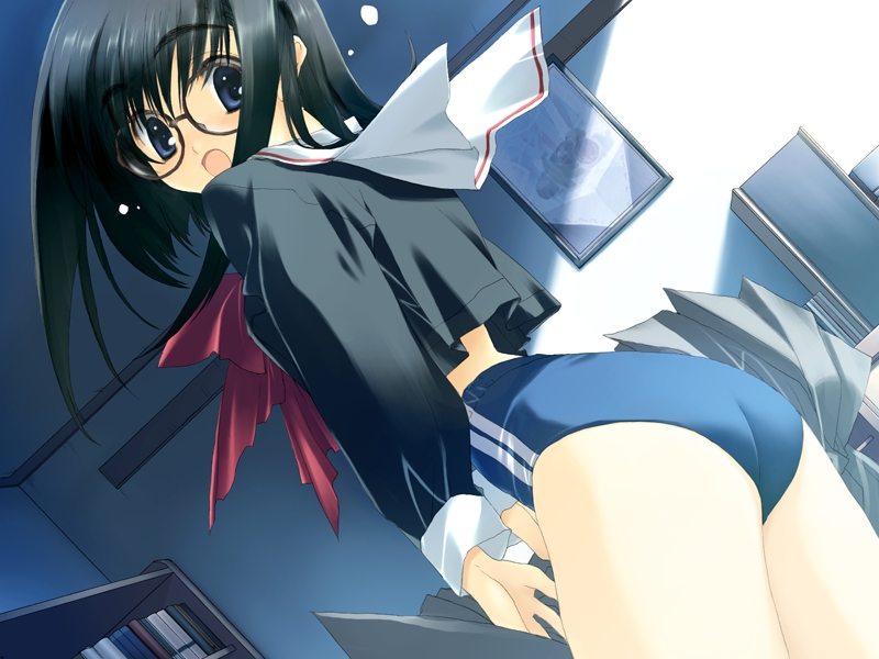 nakamura takeshi, kurihara touko, aruruw to asobo!!, tenshi no inai 12-gatsu, eyebrows, game cg, 1girl, :o, back, black-framed eyewear, black hair, black serafuku, black shirt, blue eyes, book, bookshelf, bow, buruma, ceiling, crop top, crop top overhang, double vertical stripe, dutch angle, female focus, flying sweatdrops, from side, glasses, grey skirt, gym uniform, indoors, long hair, long sleeves, looking at viewer, looking back, open mouth, painting (object), picture frame, pleated skirt, red bow, school uniform, serafuku, shirt, skirt, sleeve cuffs, solo, speaker, surprised, thighs, touko kurihara, undressing, unworn clothes, unworn skirt, wide-eyed