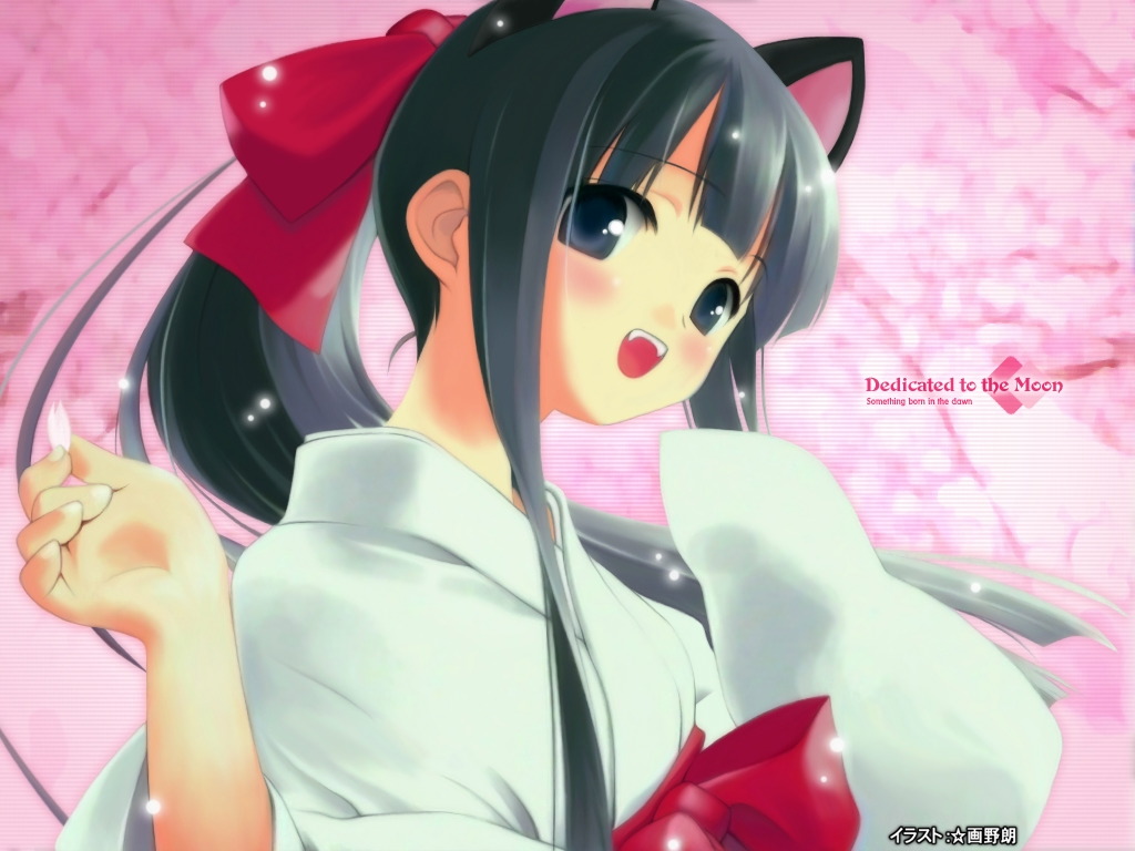 gayarou, hazuki (tsukuyomi), tsukuyomi moonphase, 00s, 1girl, animal ears, black hair, cat ears, female focus, japanese clothes, long hair, miko, open mouth, ponytail, solo