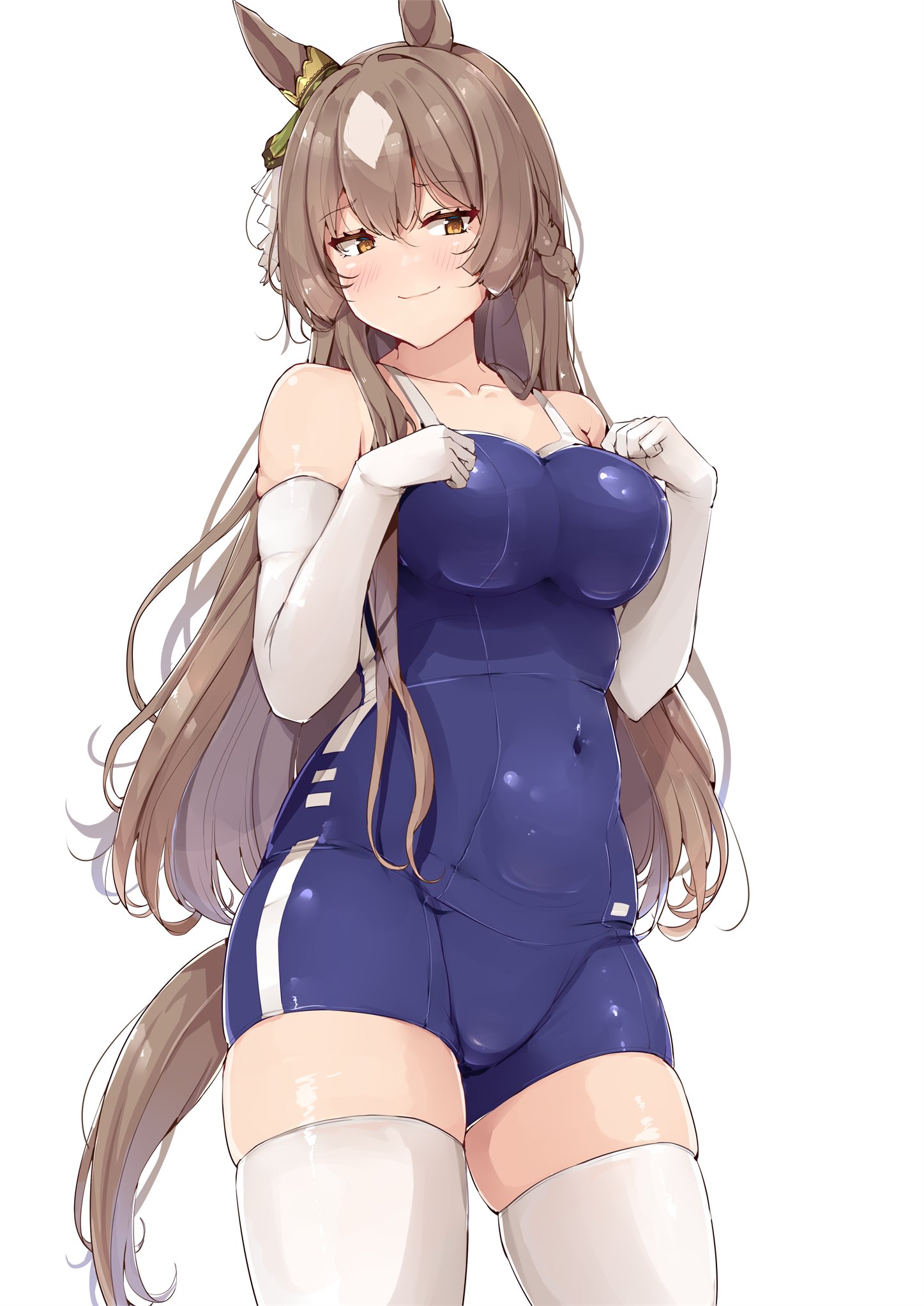 shinonon (iso shino), satono diamond (umamusume), umamusume, 1girl, animal ears, blue one-piece swimsuit, blush, braid, breasts, brown eyes, brown hair, covered navel, crown braid, ear ornament, elbow gloves, gloves, hair ornament, half up braid, hands on own chest, horse ears, horse girl, horse tail, long hair, medium breasts, one-piece swimsuit, school swimsuit, smile, solo, standing, swimsuit, tail, thighhighs, tracen swimsuit, white background, white gloves, white thighhighs