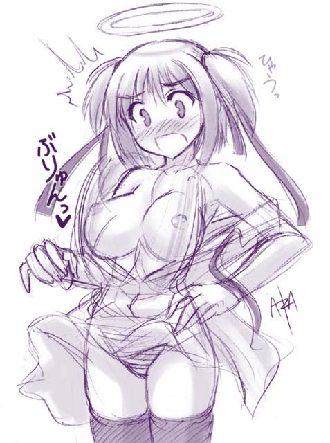 akaza, mitsukai dokuro, bokusatsu tenshi dokuro-chan, 00s, 1girl, bouncing breasts, breasts, female focus, large breasts, long sleeves, monochrome, nipples, open clothes, open shirt, panties, shirt, solo, striped clothes, striped panties, thighhighs, underwear, wardrobe malfunction