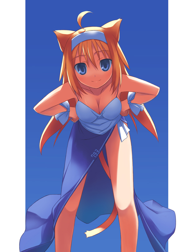 nanakusa, original, 1girl, ahoge, animal ears, blue background, blue theme, breasts, cat ears, cat tail, cleavage, female focus, gradient background, hairband, hands on own hips, solo, tail