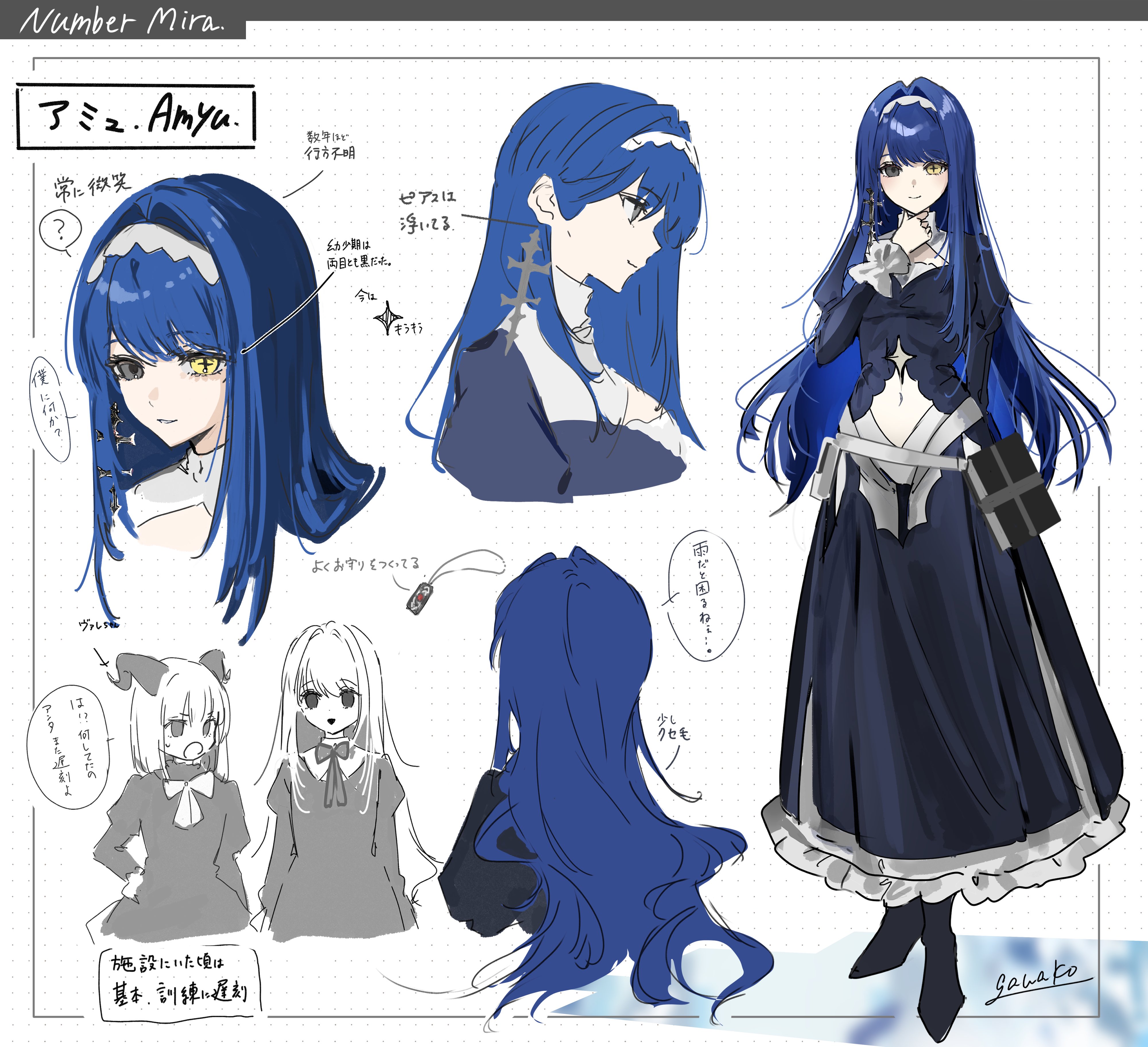gawako, original, absurdres, highres, 3girls, amyu (gawako), artist name, black dress, blue hair, character name, clothing cutout, cross-shaped pupils, dress, earrings, full body, grey eyes, hair intakes, hairband, heterochromia, jewelry, long hair, long sleeves, multiple girls, navel, navel cutout, reference sheet, signature, single earring, symbol-shaped pupils, valentina (gawako), white hairband, yellow eyes