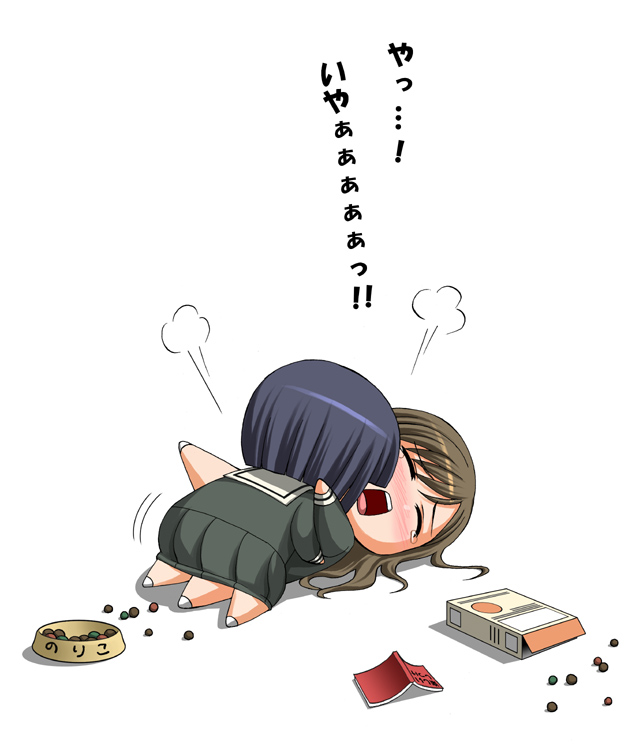katwu (gensou ninja yashiki), nijou noriko, toudou shimako, maria-sama ga miteru, 00s, 2girls, blue hair, blush, brown hair, chibi, chibi only, closed eyes, long hair, multiple girls, open mouth, school uniform, serafuku, short hair, simple background, tears, white background, yuri