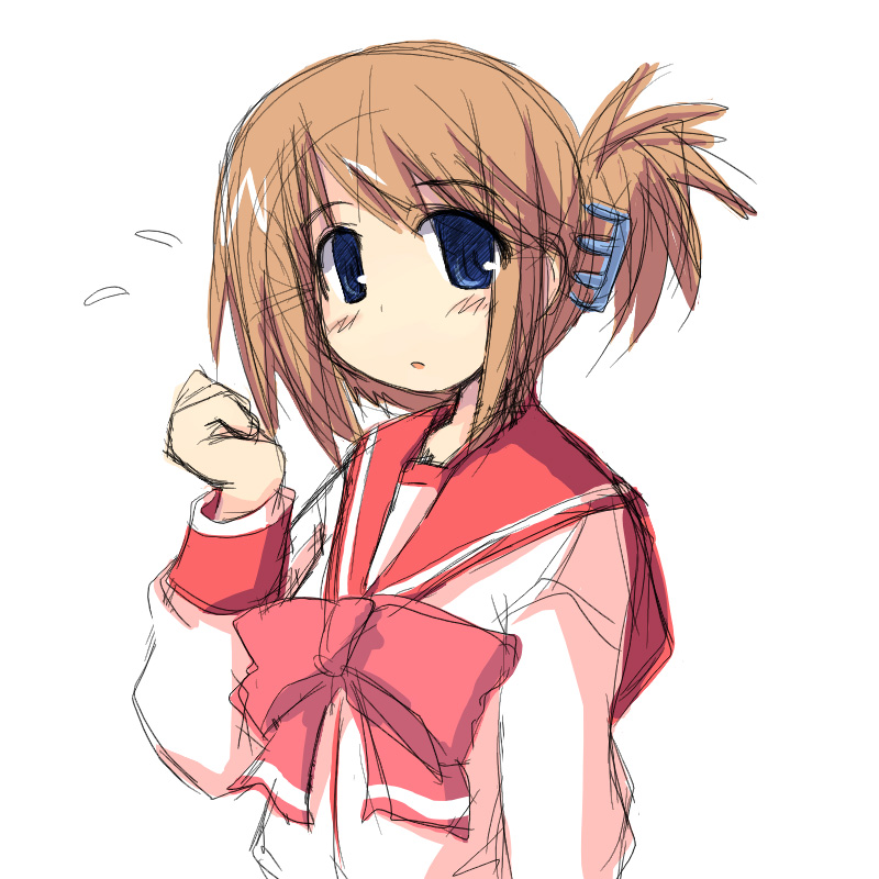 kugui kiyunemu, komaki manaka, to heart (series), to heart 2, 00s, 1girl, blue eyes, bow, brown hair, female focus, folded ponytail, hair up, long sleeves, pink bow, ribbon, short hair, simple background, sketch, solo, white background