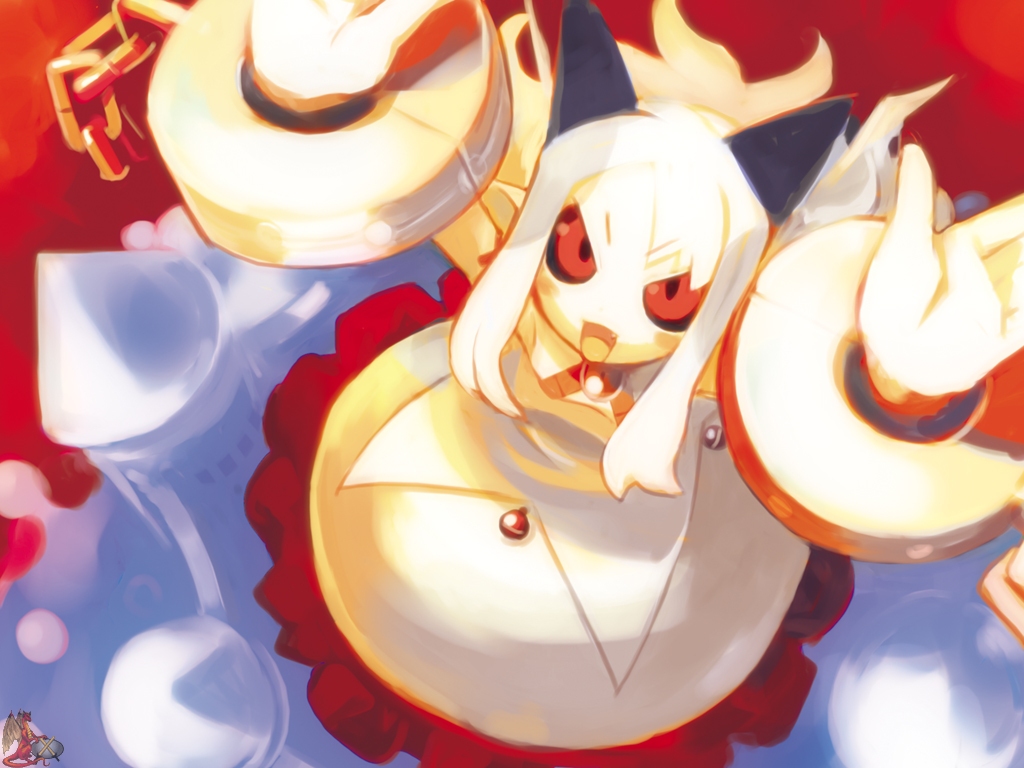 harada takehito, pram (phantom kingdom), disgaea, nippon ichi, phantom kingdom, game cg, 1girl, black sclera, bubble skirt, colored sclera, demon, female focus, horns, red eyes, skirt, solo, watermark, white hair