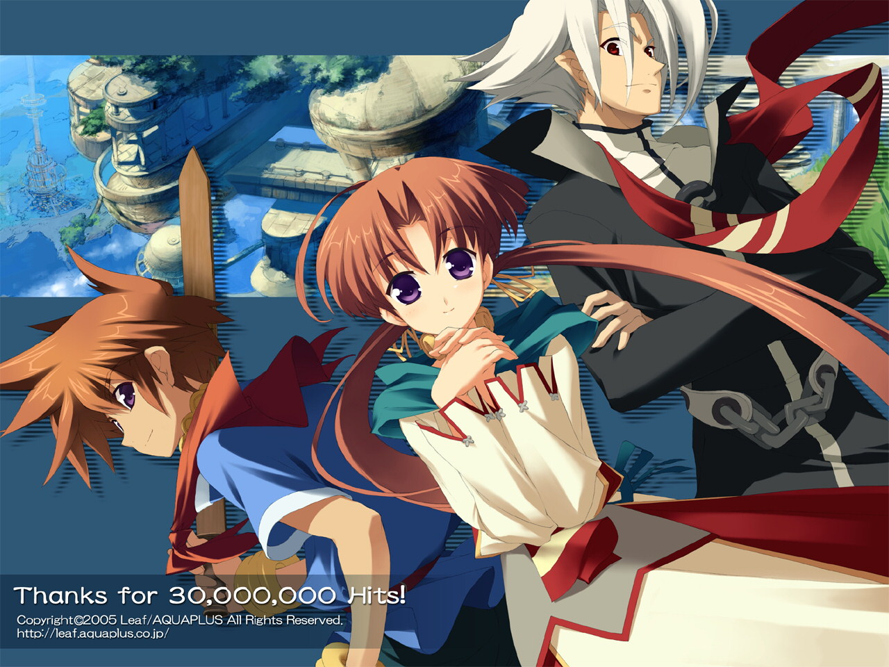 ohara tometa, arawn, arthur (tears to tiara), riannon, leaf (studio), tears to tiara, official art, official wallpaper, 00s, 1girl, 2boys, ahoge, blush, bracelet, brown hair, cape, crossed arms, jewelry, long hair, looking back, milestone celebration, multiple boys, own hands clasped, own hands together, pointy ears, purple eyes, red eyes, scarf, short hair, smile, spiked hair, sword, tearstotiara, turtleneck, twintails, very long hair, water, weapon, white hair