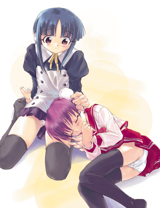 unno hotaru, himeyuri, himeyuri ruri, ilfa (to heart), to heart (series), to heart 2, 00s, 2girls, ass, black hair, black thighhighs, blush, brown eyes, closed eyes, double bun, hair bun, lap, lap pillow, lying, miniskirt, multiple girls, on side, panties, pleated skirt, purple hair, ribbon, robot ears, school uniform, seiza, serafuku, short hair, sitting, skirt, thighhighs, underwear, white panties, zettai ryouiki