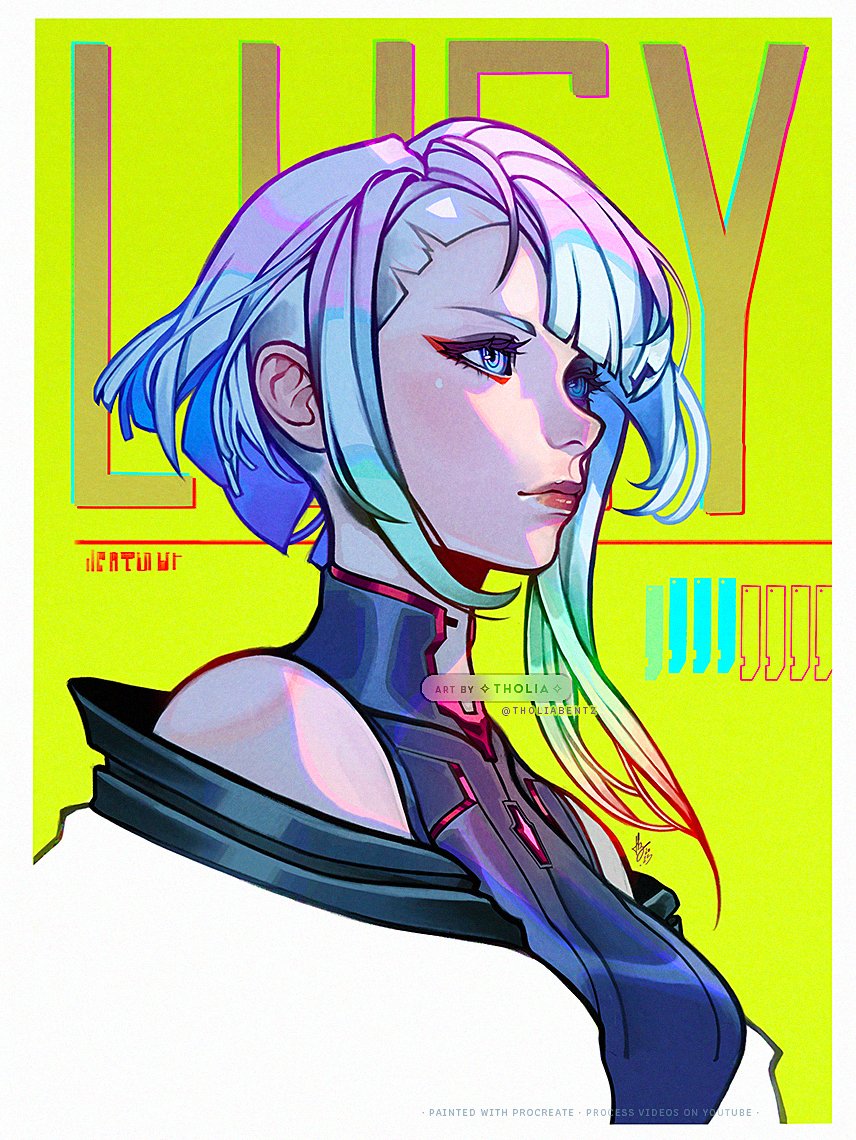 tholia bentz, lucy (cyberpunk), cyberpunk: edgerunners, cyberpunk (series), procreate (medium), 1girl, artist name, asymmetrical hair, bare shoulders, blue eyes, border, breasts, character name, closed mouth, diagonal bangs, eyeliner, jacket, makeup, medium breasts, multicolored hair, off-shoulder jacket, off shoulder, portrait, rainbow hair, red eyeliner, short hair, short hair with long locks, sidecut, single sidelock, solo, twitter username, undercut, upper body, white border, white jacket, yellow background