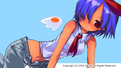 seiryuu (blue dragon), pleinair, disgaea, nippon ichi, original, lowres, 00s, 1girl, 2005, beret, blue background, blue hair, dark-skinned female, dark skin, denim, female focus, hat, jeans, midriff, one eye closed, open fly, pants, pointy ears, red eyes, short hair, solo, unzipped, wings, wink