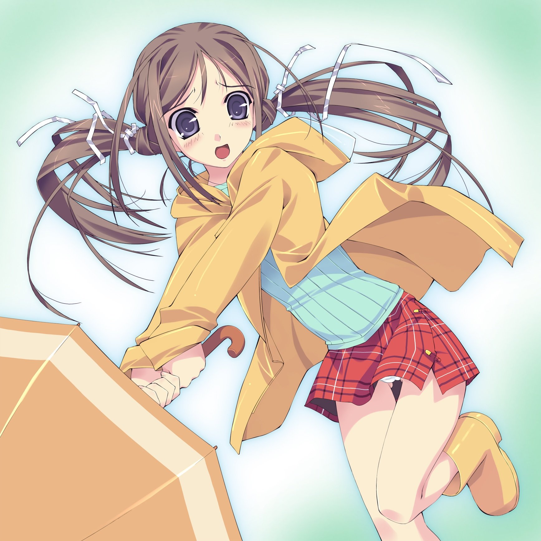 murakami suigun, original, highres, 1girl, boots, cameltoe, female focus, gradient background, panties, plaid clothes, plaid skirt, raincoat, rubber boots, skirt, solo, thighs, underwear, yellow boots, yellow raincoat