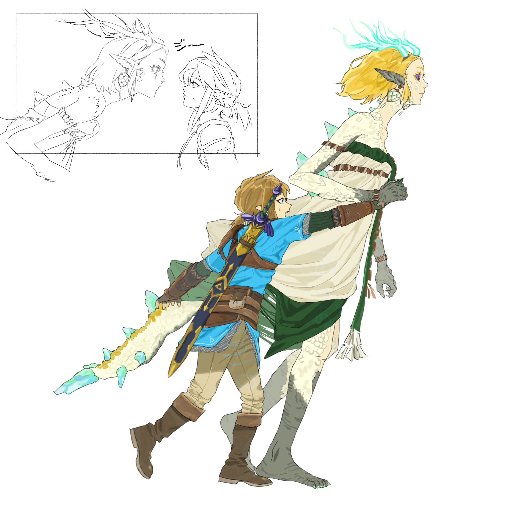 oshio 0809, light dragon (zelda), link, princess zelda, nintendo, the legend of zelda, the legend of zelda: tears of the kingdom, commentary request, highres, 1boy, 1girl, animal ears, aqua tunic, armlet, armor, barefoot, belt, blonde hair, boots, bracelet, breasts, brown belt, brown boots, chainmail, champion's tunic (zelda), dragon ears, dragon girl, dragon horns, dragon tail, dress, earrings, fingerless gloves, full body, gloves, grey pants, holding hands, horns, jewelry, long dress, looking at another, low ponytail, master sword, medium breasts, multiple views, open mouth, pants, parted bangs, pointy ears, ponytail, pulling, scales, short hair, sidelocks, strapless, strapless dress, sweatdrop, sword, tail, tunic, weapon, weapon on back, white background, white dress, wide-eyed