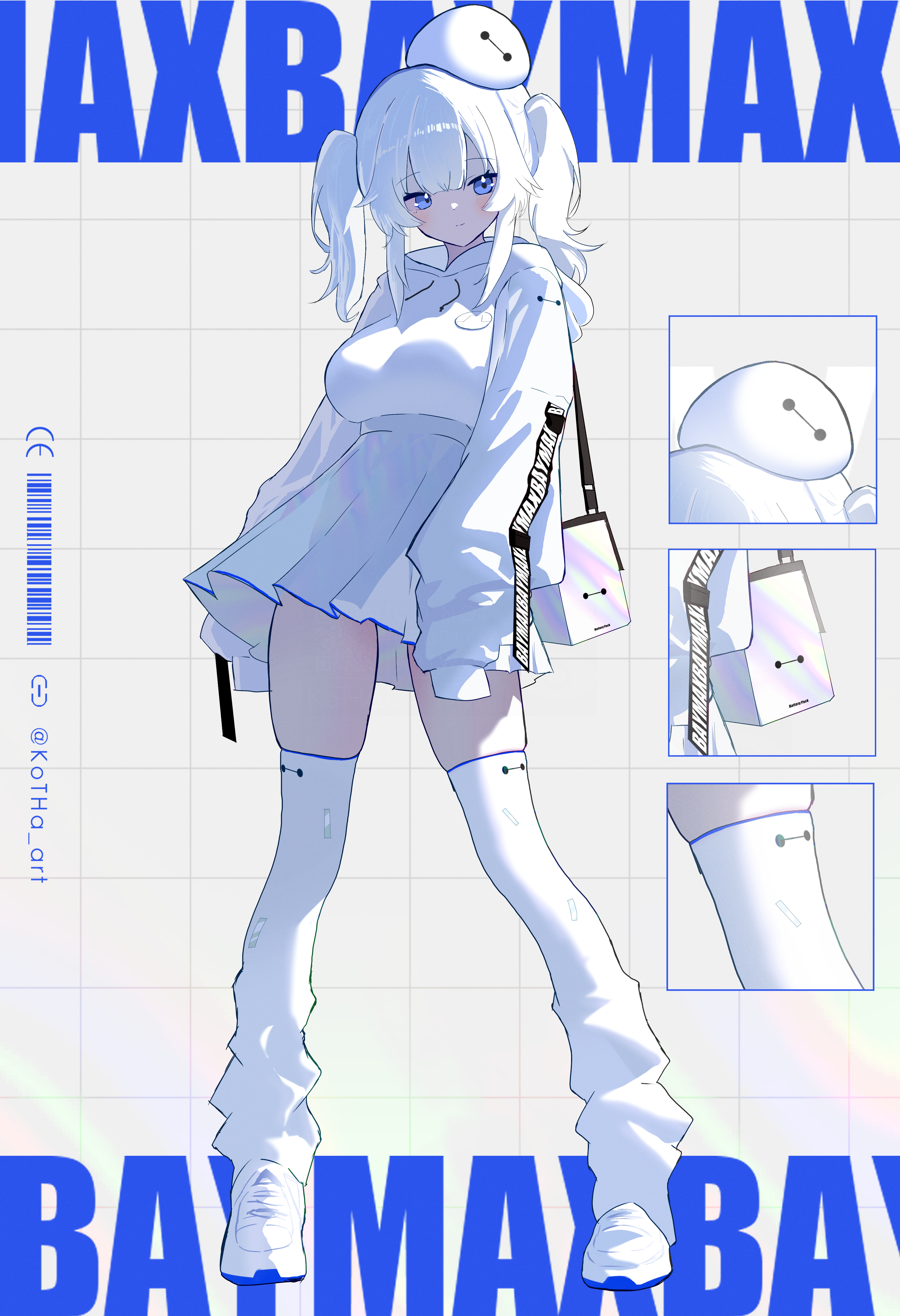 kotha art, baymax, big hero 6, absurdres, highres, mixed-language commentary, 1girl, animification, blue eyes, character name, closed mouth, full body, high-waist skirt, hood, hood down, hoodie, hoodie tucked in, long hair, long sleeves, looking to the side, object on head, personification, pleated skirt, puffy long sleeves, puffy sleeves, shoes, simple background, skindentation, skirt, sleeves past fingers, sleeves past wrists, smile, standing, thighhighs, thighs, twintails, white bag, white hair, white hoodie, white shoes, white skirt, white thighhighs, zettai ryouiki