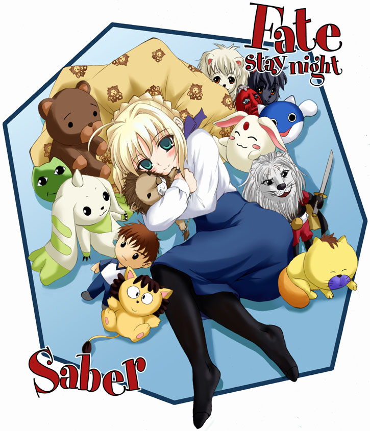 artoria pendragon (fate), behelit, emiya shirou, mokona, saber (fate), terriermon, berserk, digimon, fate/stay night, fate (series), magic knight rayearth, 00s, 1990s (style), 1girl, blonde hair, character doll, digimon (creature), doll, female focus, lion, pantyhose, pillow, retro artstyle, solo, stuffed animal, stuffed toy, teddy bear