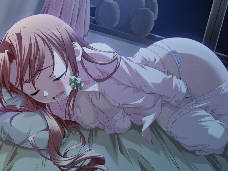 mizuki kotora, narusue futaba, sister sister (troy), game cg, 1girl, bed, blush, breasts, brown hair, closed eyes, dark, female focus, female masturbation, fingering, grabbing own breast, hair ribbon, hand in panties, long hair, lying, masturbation, night, no bra, on side, open clothes, open mouth, open shirt, pajamas, pajamas pull, panties, pillow, ribbon, saliva, shirt, solo, stuffed animal, stuffed toy, sweat, teddy bear, underwear