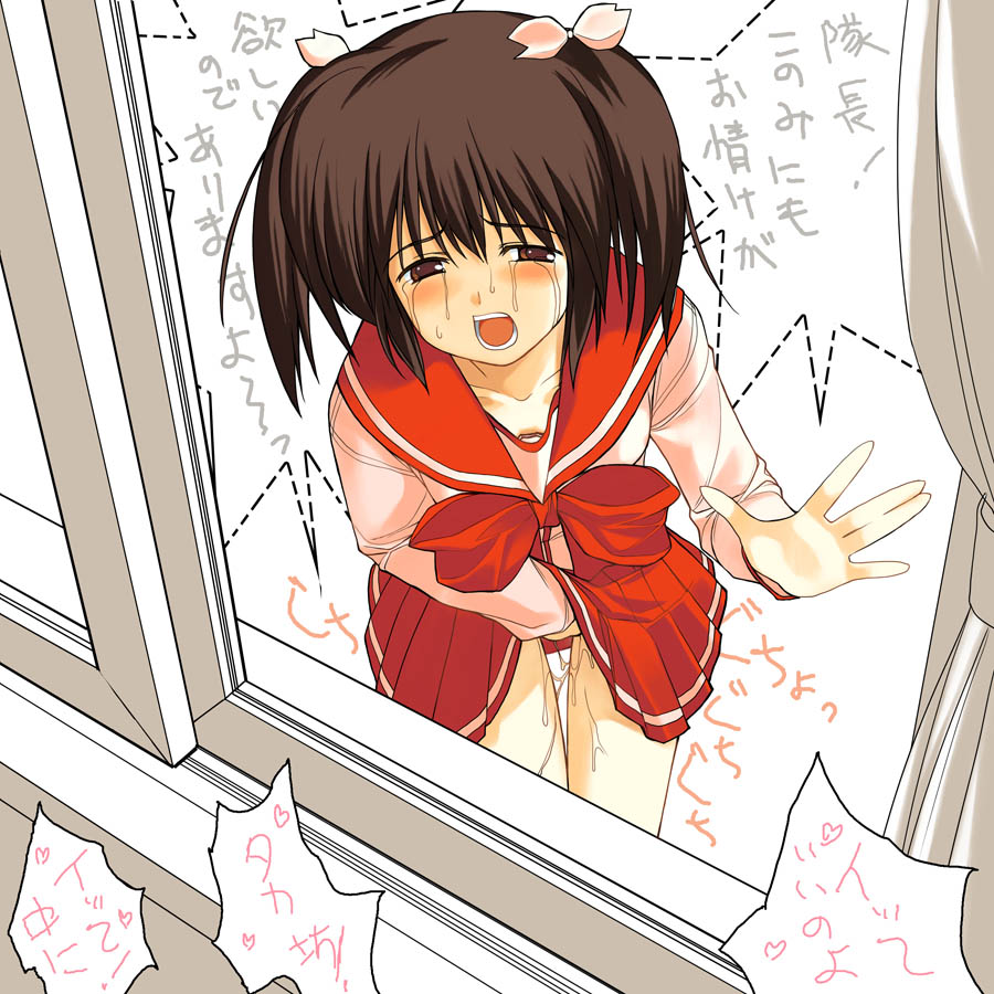 a1 (initial-g), yuzuhara konomi, to heart (series), to heart 2, jpeg artifacts, translated, 00s, 1girl, bow, brown eyes, brown hair, female focus, female masturbation, female pervert, fingering, masturbation, open mouth, pervert, pleated skirt, pussy juice, school uniform, serafuku, short hair, skirt, solo, tears, twintails, window