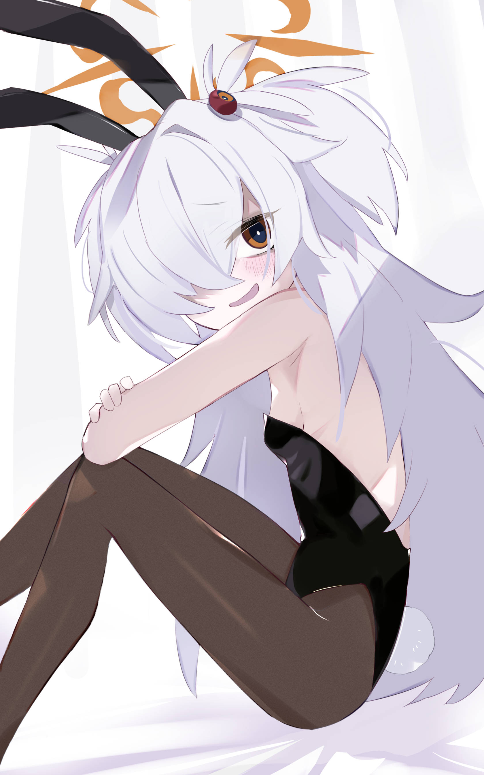 ura ra1800, kanoe (blue archive), blue archive, absurdres, commentary, highres, tagme, 1girl, animal ears, armpit crease, bunny day, from side, grey hair, halo, leotard, looking at viewer, on floor, playboy bunny, rabbit ears, white background, yellow eyes