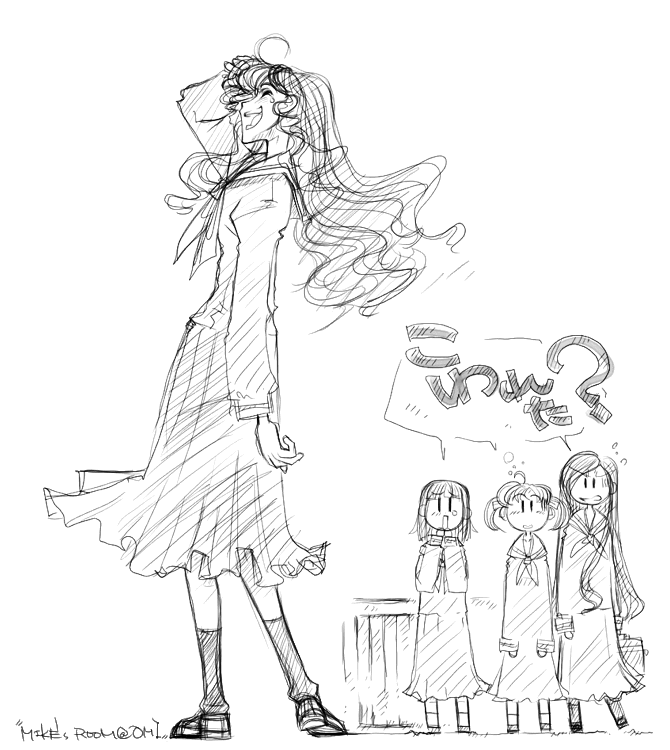 mike156, fukuzawa yumi, nijou noriko, ogasawara sachiko, toudou shimako, maria-sama ga miteru, 00s, 4girls, greyscale, laughing, monochrome, multiple girls, sketch, speech bubble, wind