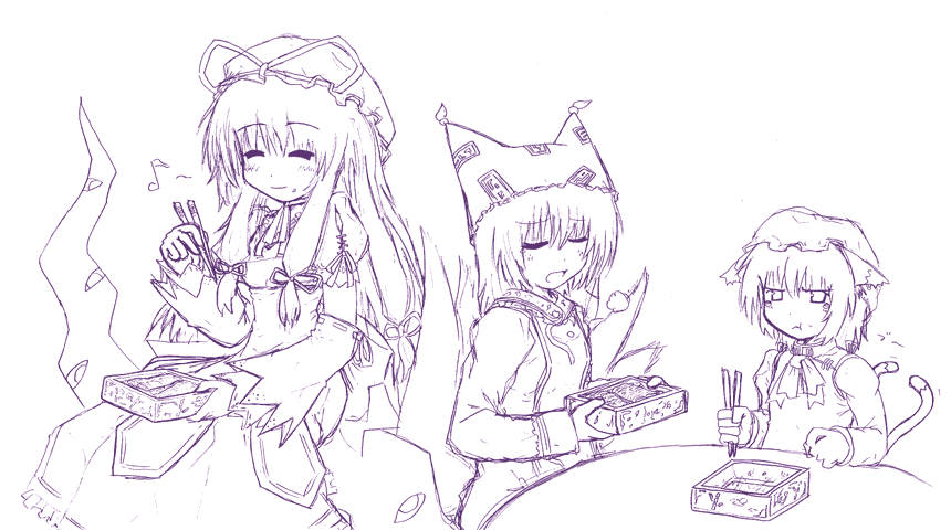 etogami kazuya, chen, yakumo ran, yakumo yukari, touhou, 3girls, :t, animal ears, animal hat, bento, cat ears, cat girl, cat tail, chopsticks, closed eyes, eating, female focus, food, fox tail, gap (touhou), hair ribbon, hat, long hair, long sleeves, mob cap, monochrome, multiple girls, multiple tails, musical note, open mouth, pout, purple theme, ribbon, short hair, sigh, tail, tress ribbon