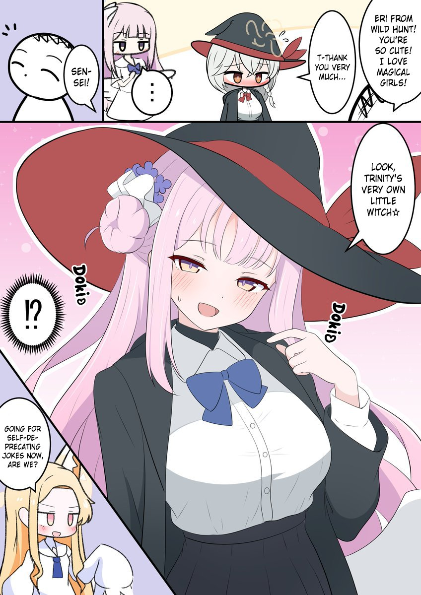 kakapomilk, doodle sensei (blue archive), eri (blue archive), mika (blue archive), seia (blue archive), sensei (blue archive), blue archive, translated, 1boy, 3girls, animal ears, blonde hair, bow, bowtie, braid, comic, cosplay, english translation, eri (blue archive) (cosplay), fox ears, halo, hat, jacket, long coat, long hair, multiple girls, orange eyes, pink eyes, pink hair, puffy sleeves, shirt, side bun, skirt, sweater, white hair, witch hat