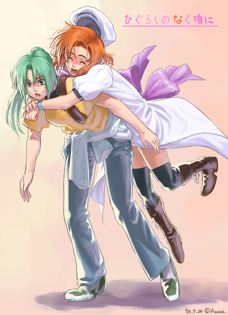 azusa (hws), ryuuguu rena, sonozaki mion, higurashi no naku koro ni, 00s, 2girls, ^ ^, bent over, blush, casual, closed eyes, glomp, hug, hug from behind, multiple girls, surprised, thighhighs
