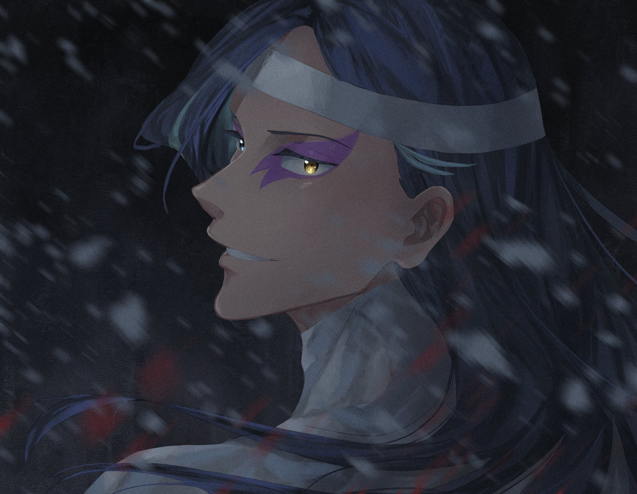 ringotashi, re:zero kara hajimeru isekai seikatsu, highres, 1boy, bandaged head, bandaged neck, bandages, blue eyes, blue hair, facepaint, glowing, glowing eyes, long hair, looking back, multicolored eyes, night, outdoors, parted lips, smile, smirk, snowing, solo, visible ears, wind, yellow eyes