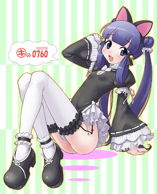 kei jiei, hazuki (tsukuyomi), tsukuyomi moonphase, 00s, 1girl, animal ears, ankle garter, blunt bangs, cat ears, female focus, goth fashion, solo, thighhighs, white thighhighs