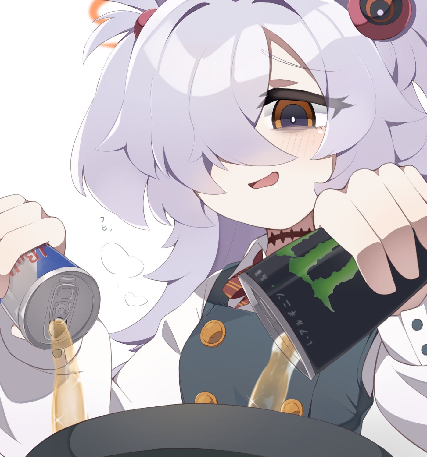 kanoe (blue archive), blue archive, monster energy, red bull, commentary request, highres, 1girl, bags under eyes, black dress, bright pupils, buttons, can, cauldron, cellsyura3493, collared shirt, diagonal-striped ribbon, double-breasted, dress, energy drink, flat chest, grey hair, hair intakes, hair over one eye, halo, holding, holding can, long bangs, long hair, long sleeves, messy hair, mojyo, open mouth, orange eyes, orange halo, parted bangs, pinafore dress, pouring, puffy long sleeves, puffy sleeves, red ribbon, ribbon, scar, scar on neck, shirt, short twintails, sidelocks, simple background, sleeve cuffs, sleeveless, sleeveless dress, smile, solo, sphere hair ornament, twintails, very long hair, white background, white shirt