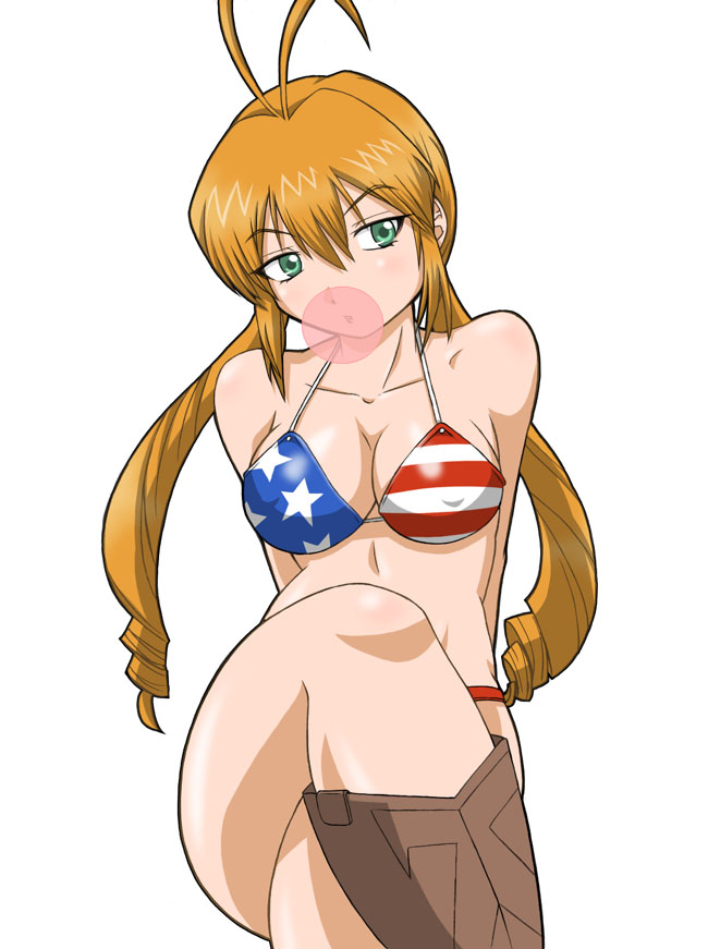 hanamiya mitsuhiko, monica adenauer, yakitate!! japan, 00s, 1girl, american flag, american flag bikini, american flag print, antenna hair, bikini, blonde hair, blowing bubble gum, blowing bubbles, boots, chewing gum, cowboy boots, crossed legs, female focus, flag print, flag print bikini, green eyes, print bikini, solo, string bikini, swimsuit, twintails, united states