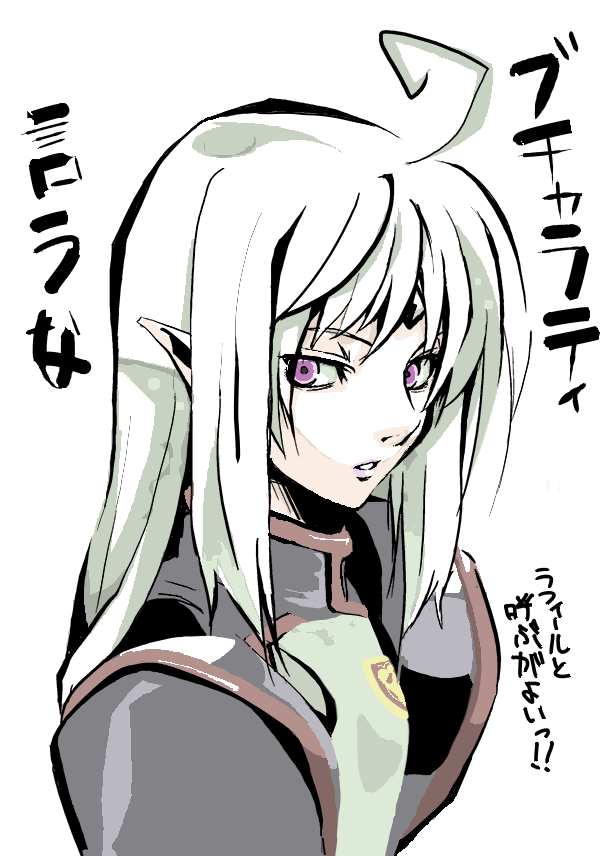 kabocha, kabocha (monkey4), lafiel, seikai no senki, translation request, 1girl, ahoge, female focus, pointy ears, purple eyes, solo