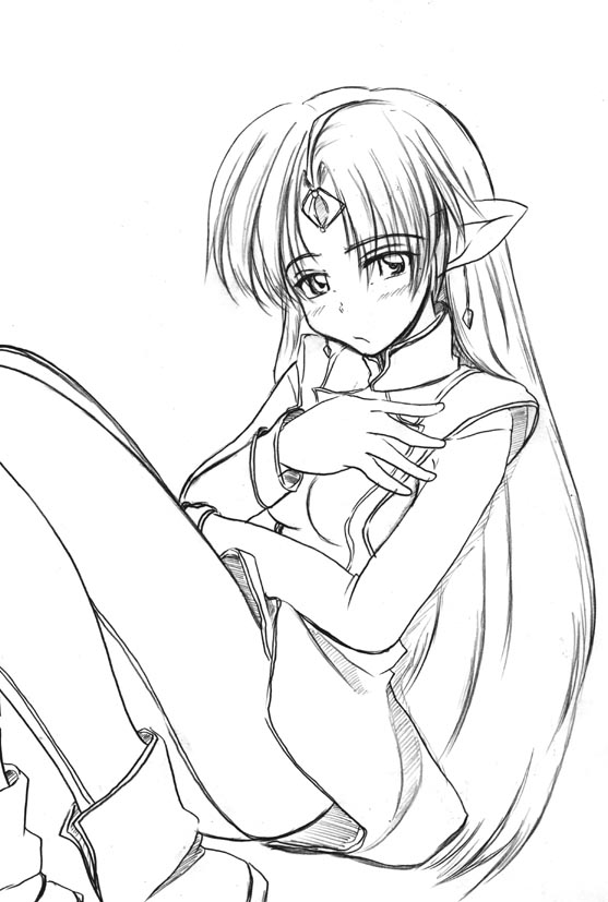 zero point, lafiel, seikai no senki, 1girl, female focus, frown, greyscale, long hair, monochrome, parted bangs, pointy ears, simple background, solo, thighs, white background