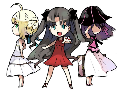 takenashi eri, artoria pendragon (fate), matou sakura, saber (fate), tohsaka rin, fate/stay night, fate (series), arm grab, striped, lowres, 00s, 3girls, :d, adjusting hair, ahoge, alternate costume, arms behind back, black hair, blonde hair, blue eyes, casual, chibi, chibi only, dress, flat chest, green eyes, hair bun, hair over one eye, hair ribbon, hat, high heels, long hair, looking back, multiple girls, open mouth, outstretched arm, profile, purple eyes, purple hair, ribbon, sandals, shoes, short dress, short hair, simple background, single hair bun, skirt, smile, standing, sundress, twintails, two side up, very long hair, wind