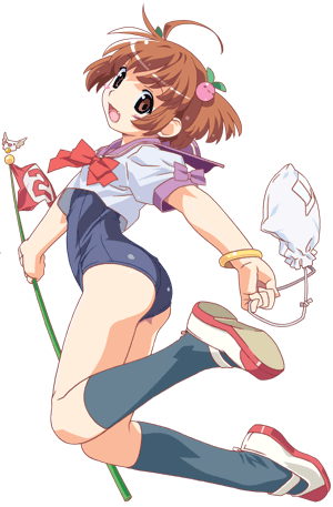 watanabe akio, lowres, 1girl, ahoge, bracelet, brown eyes, brown hair, female focus, flag, full body, jewelry, kneehighs, no pants, numbered flag, one-piece swimsuit, school swimsuit, school uniform, serafuku, short hair, socks, solo, swimsuit, swimsuit under clothes, transparent background