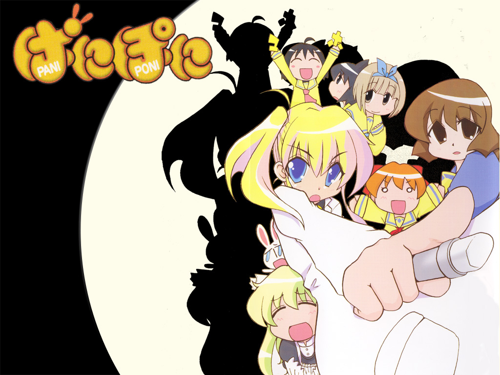 ichijou, katagiri himeko, kurusu yuzuko, maho, media (pani poni), mesousa, rebecca miyamoto, serizawa akane, shiratori suzune, pani poni dash!, 00s, 6+girls, arms up, blonde hair, brown hair, chibi, closed eyes, foreshortening, lab coat, long hair, looking at viewer, multiple girls, outstretched arms, pointing, rabbit, school uniform, serafuku, shadow, short hair, smile