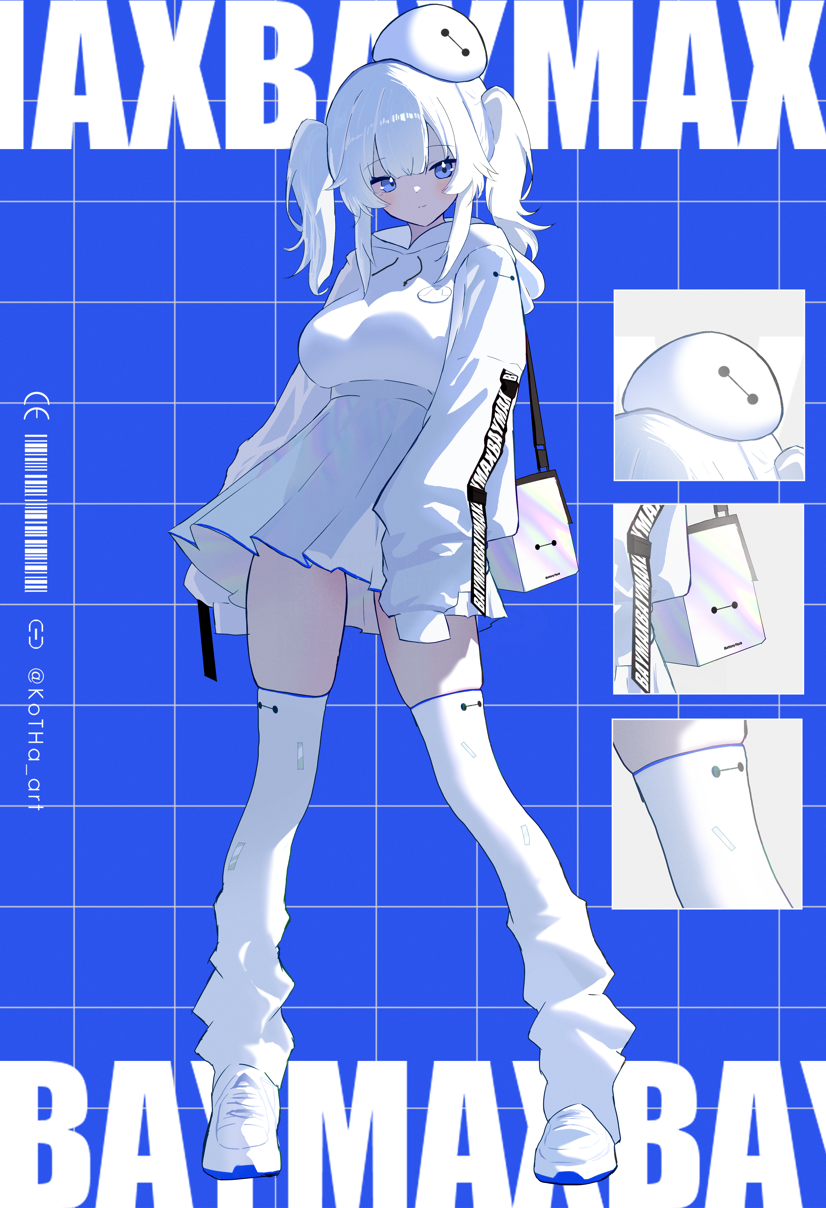 kotha art, baymax, big hero 6, absurdres, highres, mixed-language commentary, 1girl, animification, blue background, blue eyes, character name, closed mouth, full body, high-waist skirt, hood, hood down, hoodie, hoodie tucked in, long hair, long sleeves, looking to the side, object on head, personification, pleated skirt, puffy long sleeves, puffy sleeves, shoes, simple background, skindentation, skirt, sleeves past fingers, sleeves past wrists, smile, standing, thighhighs, thighs, twintails, white bag, white hair, white hoodie, white shoes, white skirt, white thighhighs, zettai ryouiki