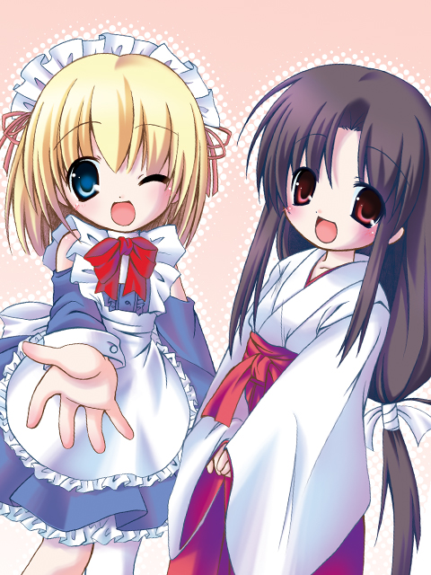 ogawa shizuka, original, 2girls, apron, blonde hair, blue eyes, brown hair, hakama, hakama skirt, japanese clothes, kimono, long hair, looking at viewer, low-tied long hair, maid, maid apron, maid headdress, miko, multiple girls, neck ribbon, one eye closed, reaching, red hakama, ribbon, short hair, skirt, smile, very long hair, waist apron