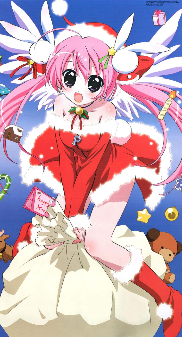 sakai kyuuta, misha, misha (pita ten), pita ten, santa boots, highres, official art, scan, 1girl, :d, angel, bare shoulders, boots, breasts, christmas, cleavage, earrings, female focus, hair ornament, hat, jewelry, long hair, looking at viewer, open mouth, pink hair, purple eyes, rabbit hair ornament, santa costume, santa hat, small breasts, smile, solo, star (symbol), stuffed animal, stuffed toy, teddy bear, twintails, wings