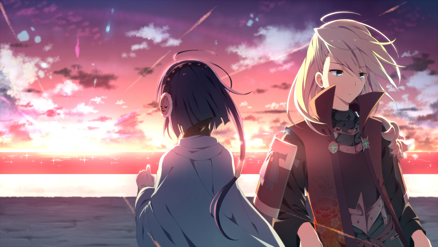 remoyona, kujura (sekaiju), olympia (sekaiju), etrian odyssey, sekaiju no meikyuu, sekaiju no meikyuu 3, 1boy, 1girl, ahoge, blonde hair, cloak, horizon, long hair, ocean, outdoors, purple hair, short hair with long locks, shoulder guard, sunset, upper body