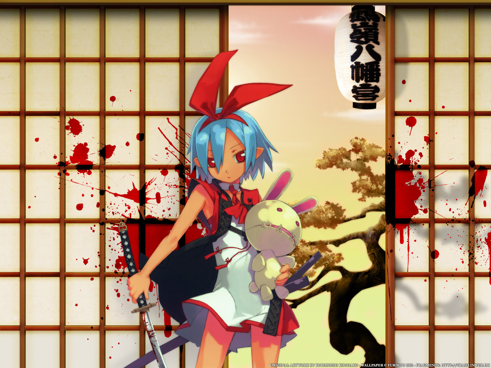 kuroboshi kouhaku, pleinair, usagi-san, disgaea, nippon ichi, original, highres, 1girl, blood, blood splatter, blue hair, female focus, katana, pointy ears, rabbit, red eyes, ribbon, short hair, solo, stuffed animal, stuffed rabbit, stuffed toy, sword, weapon