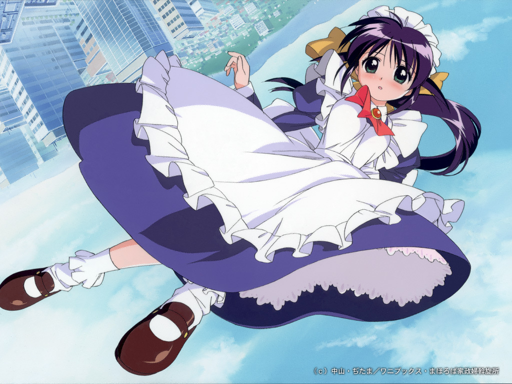 andou mahoro, mahoromatic, 1girl, apron, blue background, bobby socks, female focus, frilled apron, frills, green eyes, long hair, maid, maid apron, maid headdress, ponytail, purple hair, shoes, socks, solo