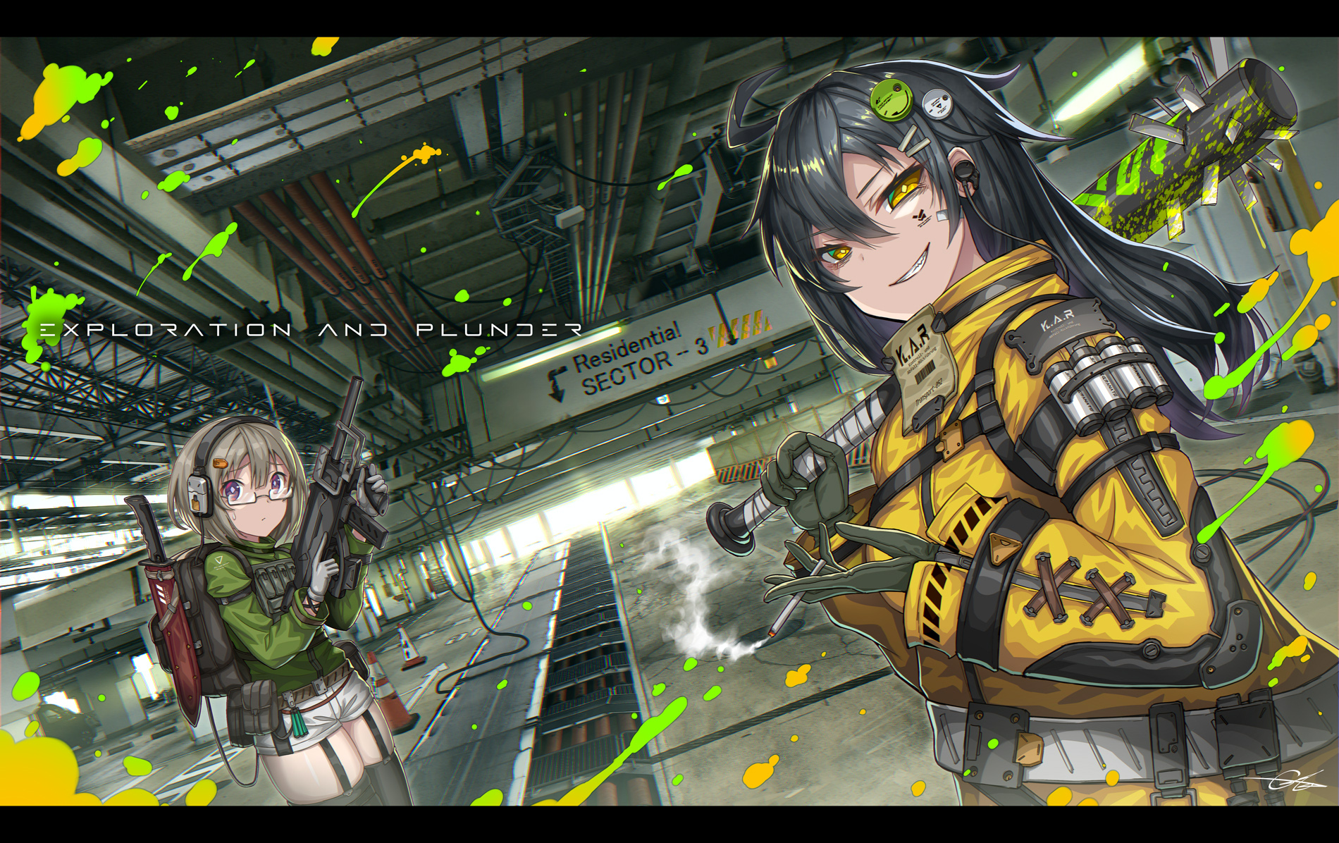 gia, original, highres, 2girls, assault rifle, backpack, bag, black hair, brown hair, cigarette, earpiece, english text, garage, garter straps, glasses, gloves, green gloves, green skirt, grey gloves, grin, gun, hair ornament, headset, holding, holding cigarette, indoors, jacket, load bearing vest, looking at viewer, medium hair, multiple girls, over shoulder, purple eyes, rifle, science fiction, semi-rimless eyewear, short hair, short shorts, shorts, signature, skirt, smile, spiked bat, thighhighs, trigger discipline, under-rim eyewear, weapon, weapon over shoulder, white shorts, yellow eyes, yellow jacket