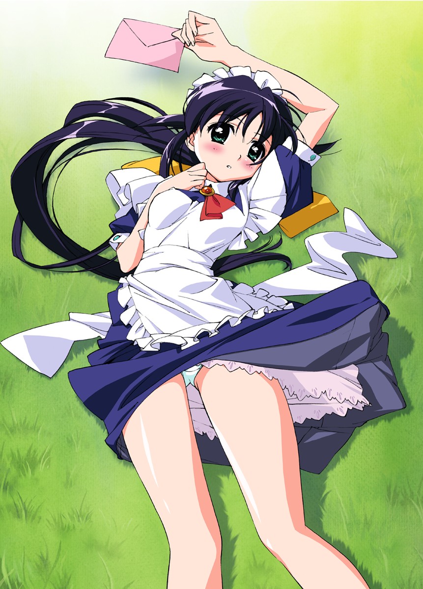 takamura kazuhiro, andou mahoro, mahoromatic, highres, 1girl, blue hair, blush, dress, envelope, female focus, grass, green eyes, long hair, lying, maid, on back, panties, pantyshot, ponytail, solo, underwear, upskirt, very long hair, white panties