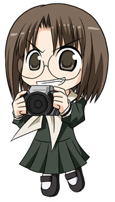 serebi ryousangata, takeshima tsutako, maria-sama ga miteru, lowres, 00s, 1girl, brown eyes, brown hair, camera, chibi, chibi only, female focus, full body, glasses, grin, mary janes, no pupils, pleated skirt, school uniform, serafuku, shoes, simple background, skirt, smile, solo, white background