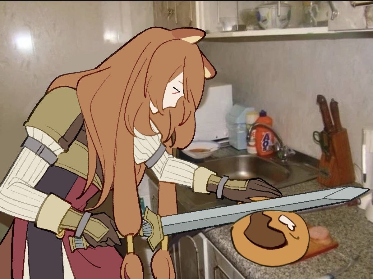 dice657523, raphtalia, tate no yuusha no nariagari, chinese commentary, commentary request, 1girl, 1other, animal ears, armor, armored gloves, black dress, breastplate, brown gloves, brown hair, cowboy shot, crying, crying with eyes open, cutting, dress, dripping eye, elbow gloves, flat color, gloves, holding, holding sword, holding weapon, leather armor, long hair, looking at monster, meme, meme request, metal arm cuffs, metal wrist cuffs, pauldrons, photo background, pinstripe dress, pinstripe pattern, raccoon ears, raccoon girl, raccoon tail, red dress, red eyes, shoulder armor, single pauldron, sword, tail, tearing up, tears, two-tone dress, weapon, white dress
