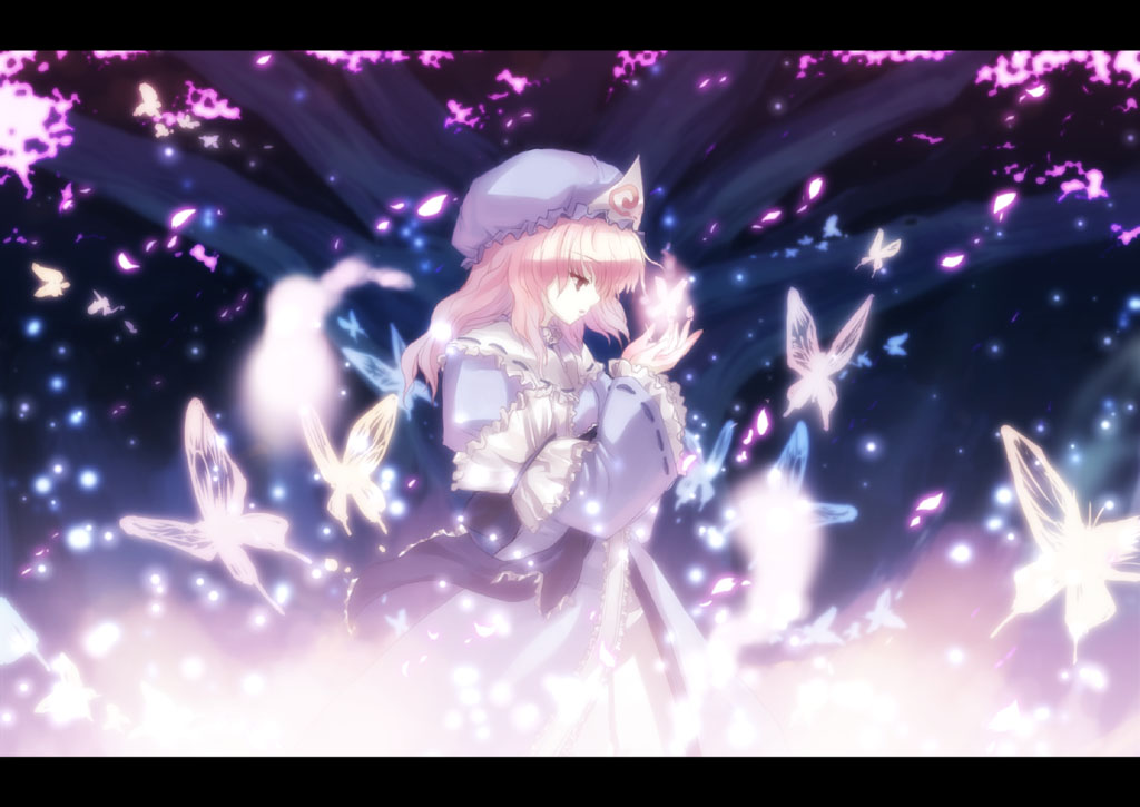 tokiame, saigyouji yuyuko, touhou, duplicate, 1girl, anime coloring, blue dress, bug, butterfly, capelet, cherry blossoms, dress, energy, female focus, frilled dress, frills, ghost, glowing, hat, hitodama, insect, letterboxed, night, outdoors, petals, pink eyes, pink hair, short hair, solo, standing, tree, triangular headpiece, wide sleeves