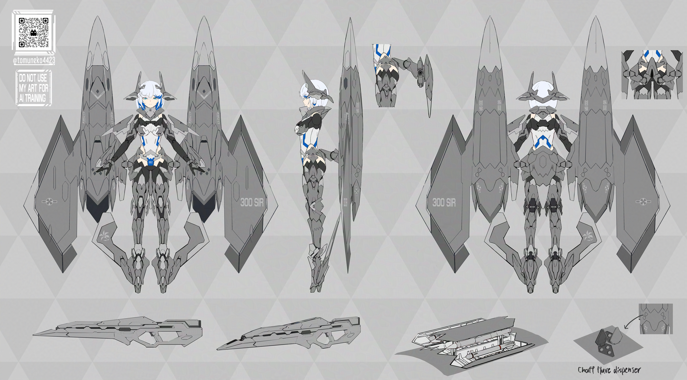 tom-neko (zamudo akiyuki), original, highres, 1girl, armor, blue eyes, blue hair, colored inner hair, flat color, from behind, from side, full body, grey hair, headgear, looking at viewer, mecha musume, multicolored hair, multiple views, reference sheet, short hair, standing, thrusters, two-tone hair