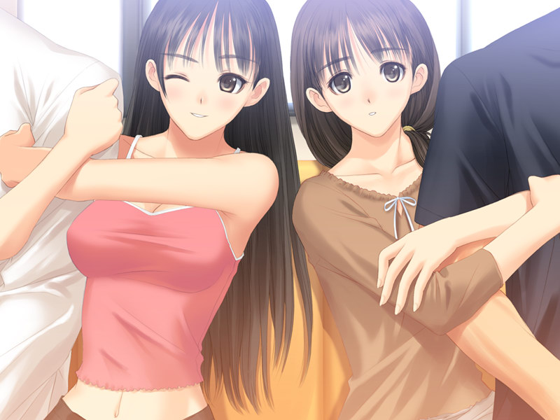 tony taka, mizushima asa, sorayama natsume, sora no iro mizu no iro, game cg, 00s, 2boys, 2girls, arm hug, armpits, black hair, breasts, camisole, cleavage, large breasts, midriff, multiple boys, multiple girls, navel, smile