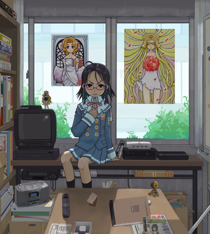 harukawa yuzuki, ogiue chika, genshiken, neo geo, sega, 1girl, angry, clubroom, cosplay, female focus, game console, glasses, long sleeves, otaku, playstation 1, playstation 2, pleated skirt, school uniform, sega dreamcast, serafuku, sitting, skirt, solo, table, whiteboard, window