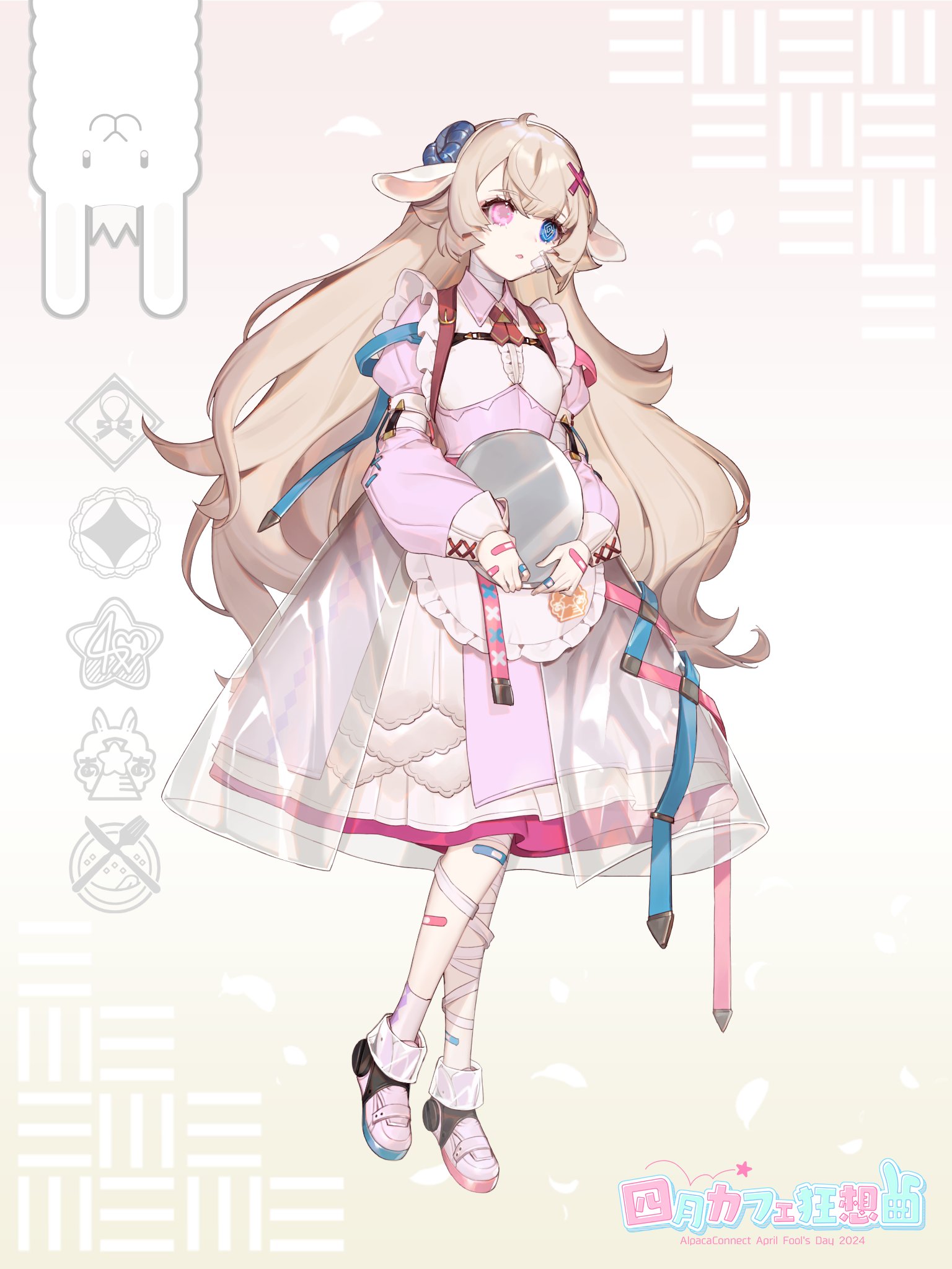 shichimi, highres, 1girl, @ @, alpaca, alpaca connect, animal ears, ankle boots, apron, bandaged leg, bandages, bandaid, bandaid on finger, bandaid on hand, bandaid on leg, belt, blonde hair, blue belt, blue eyes, blue horns, boots, center-flap bangs, center frills, collared dress, colored shoe soles, copyright name, cross tie, curled horns, detached sleeves, dress, fold-over boots, frilled apron, frills, full body, gradient background, heterochromia, holding, holding tray, horns, layered dress, long hair, long sleeves, looking ahead, maid apron, medium dress, mismatched pupils, parted lips, pink background, pink belt, pink boots, pink dress, pink eyes, puffy long sleeves, puffy short sleeves, puffy sleeves, roller shoes, see-through dress layer, sheep ears, sheep girl, sheep horns, shoes, short sleeves, sleeve cuffs, solo, standing, tray, two-tone dress, v arms, very long hair, waitress, wavy hair, white apron, white dress, yellow background