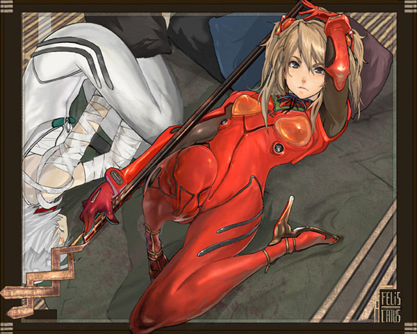 maeda hirotaka, ayanami rei, souryuu asuka langley, neon genesis evangelion, light brown hair, silver hair, 2girls, arm up, bandaged arm, bandages, bed, between legs, blue eyes, bodysuit, border, bracer, breasts, cast, dutch angle, from above, from side, frown, gloves, hair over eyes, hand between legs, headgear, high heels, holding, holding weapon, indoors, interface headset (evangelion), knee up, long hair, looking at viewer, lying, mecha pilot suit, multiple girls, neck ribbon, on back, on side, pale skin, pillow, plugsuit (evangelion), polearm, ribbon, shoes, short hair, small breasts, spear, turtleneck, two side up, weapon
