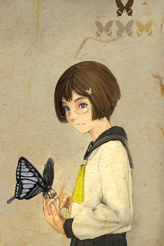 maeda hirotaka, brown hair, bug, butterfly, glasses, hair ornament, hairclip, insect, purple eyes, school uniform, serafuku, solo